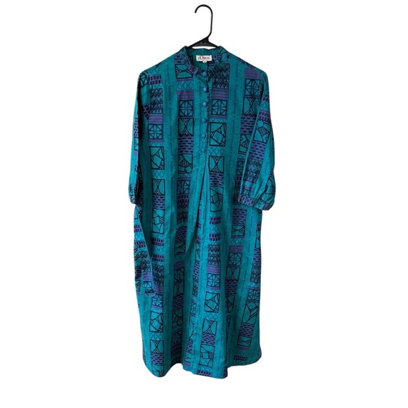 Vintage Orvis Mixed Print Teal Purple Midi Dress Size 10 Cotton USA Made Modest - Picture 1 of 11